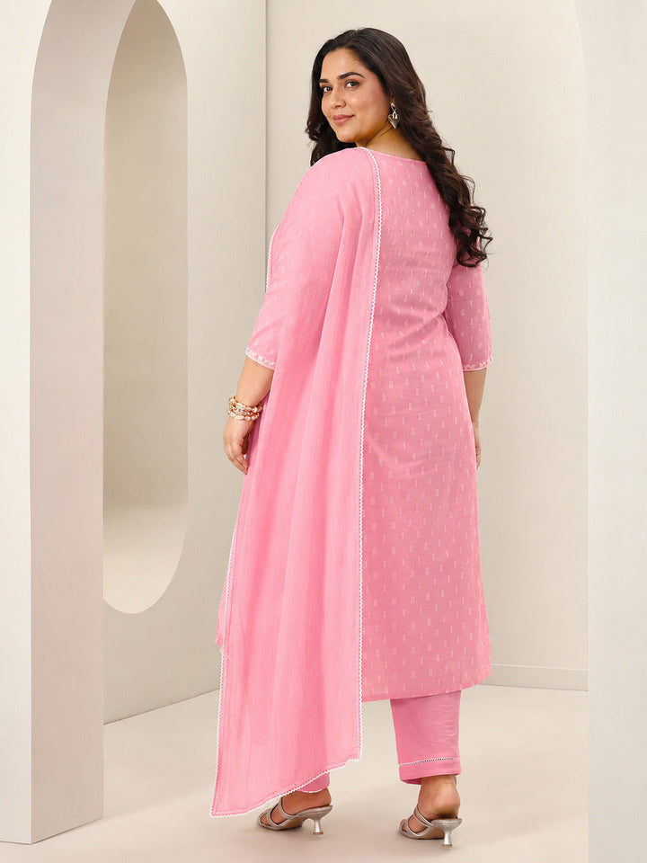 Plus Size Pink Embroidered Cotton Straight Suit Sets With Dupatta