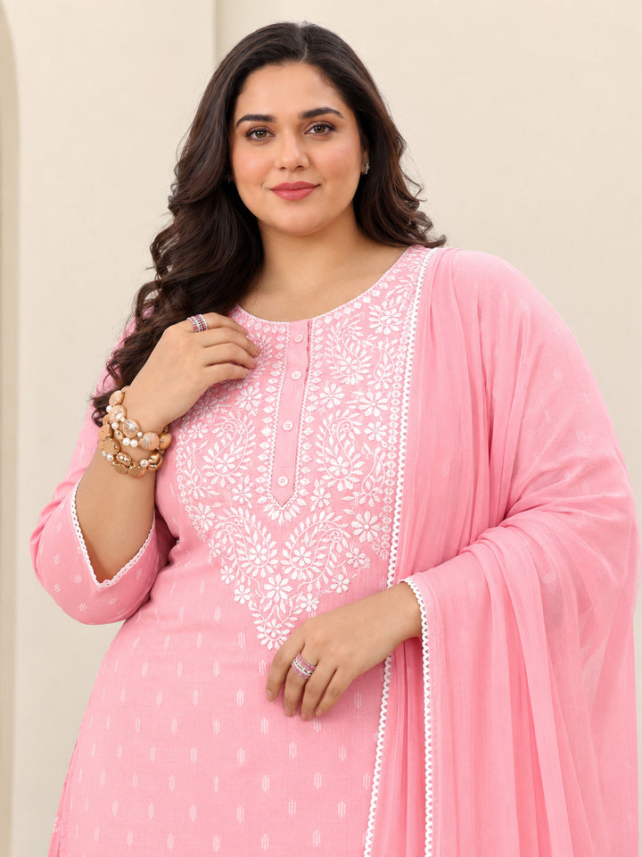 Plus Size Pink Embroidered Cotton Straight Suit Sets With Dupatta