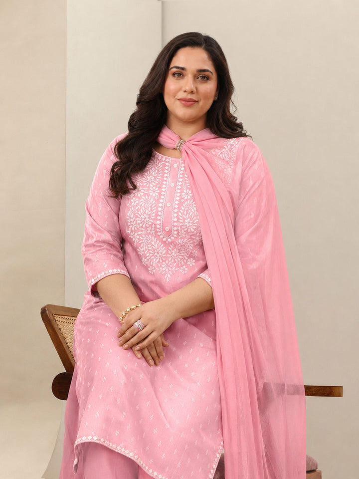 Plus Size Pink Embroidered Cotton Straight Suit Sets With Dupatta