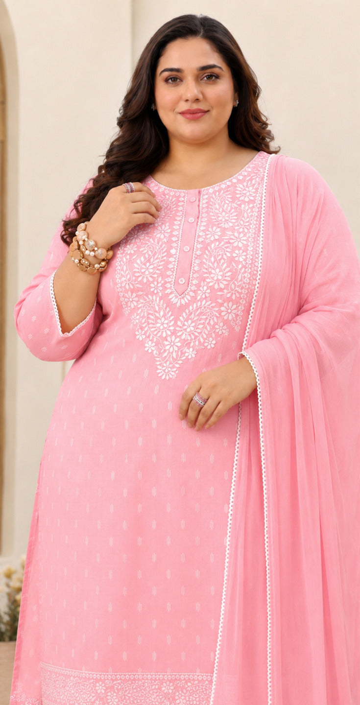Plus Size Pink Embroidered Cotton Straight Suit Sets With Dupatta