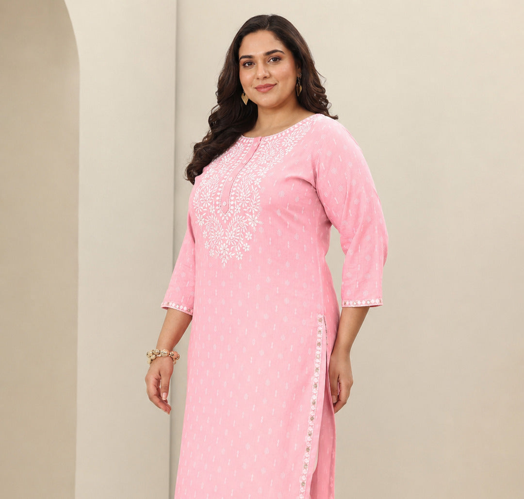 Plus Size Pink Embroidered Cotton Straight Suit Sets With Dupatta