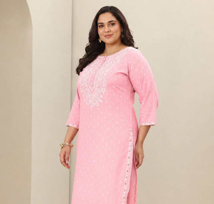 Plus Size Pink Embroidered Cotton Straight Suit Sets With Dupatta