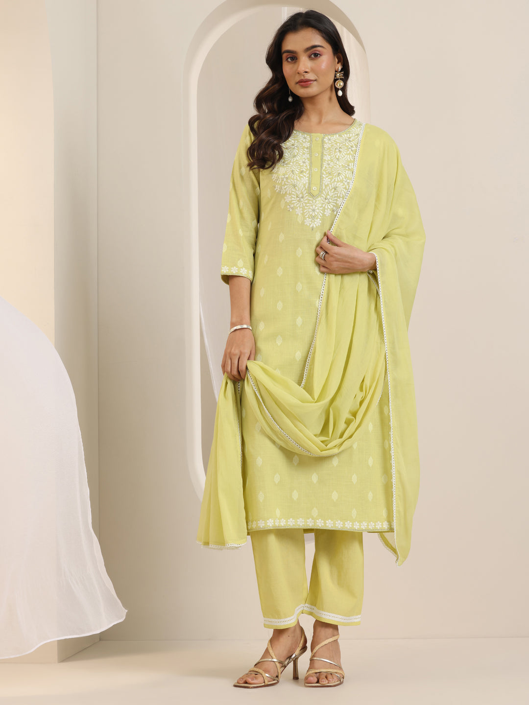 Lime Green Embroidered Cotton Straight Suit Set With Dupatta