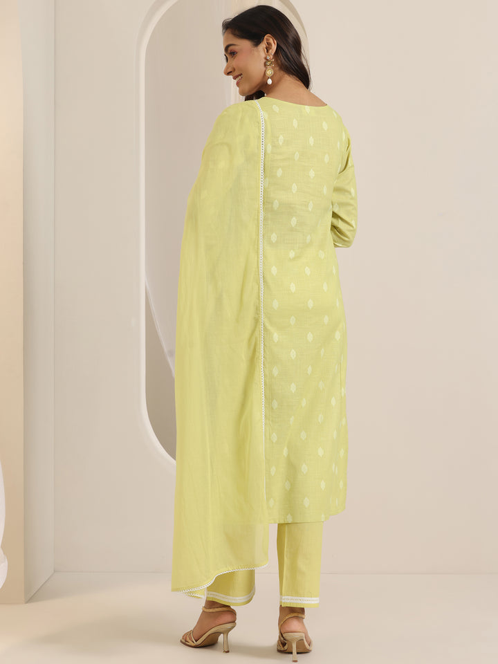 Lime Green Embroidered Cotton Straight Suit Set With Dupatta