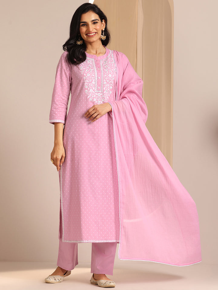 Libas Pink Self Design Cotton Straight Suit Set With Dupatta