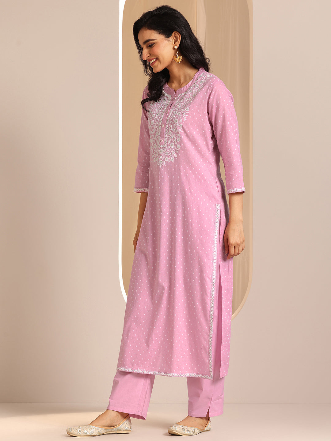 Libas Pink Self Design Cotton Straight Suit Set With Dupatta