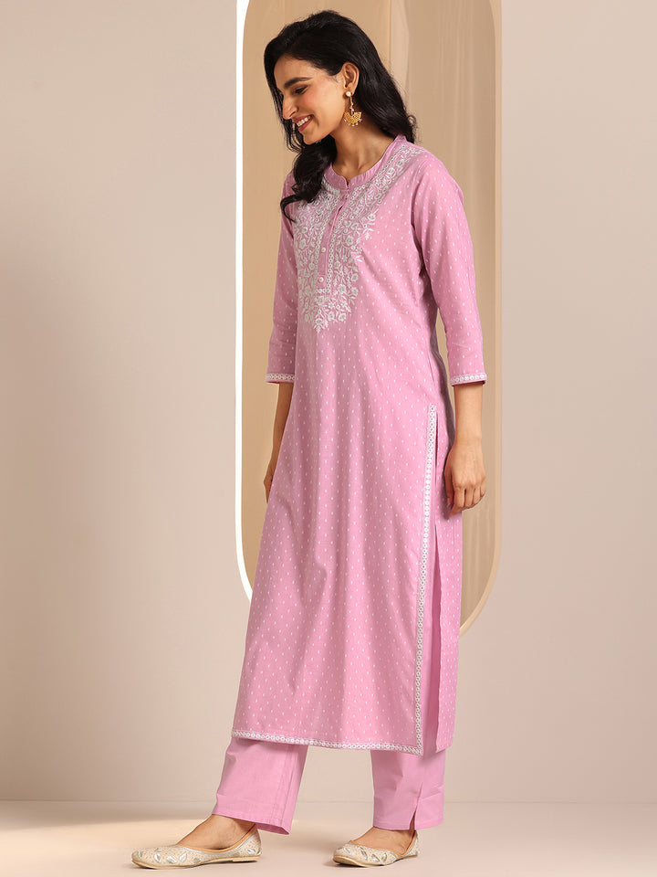 Libas Pink Self Design Cotton Straight Suit Set With Dupatta
