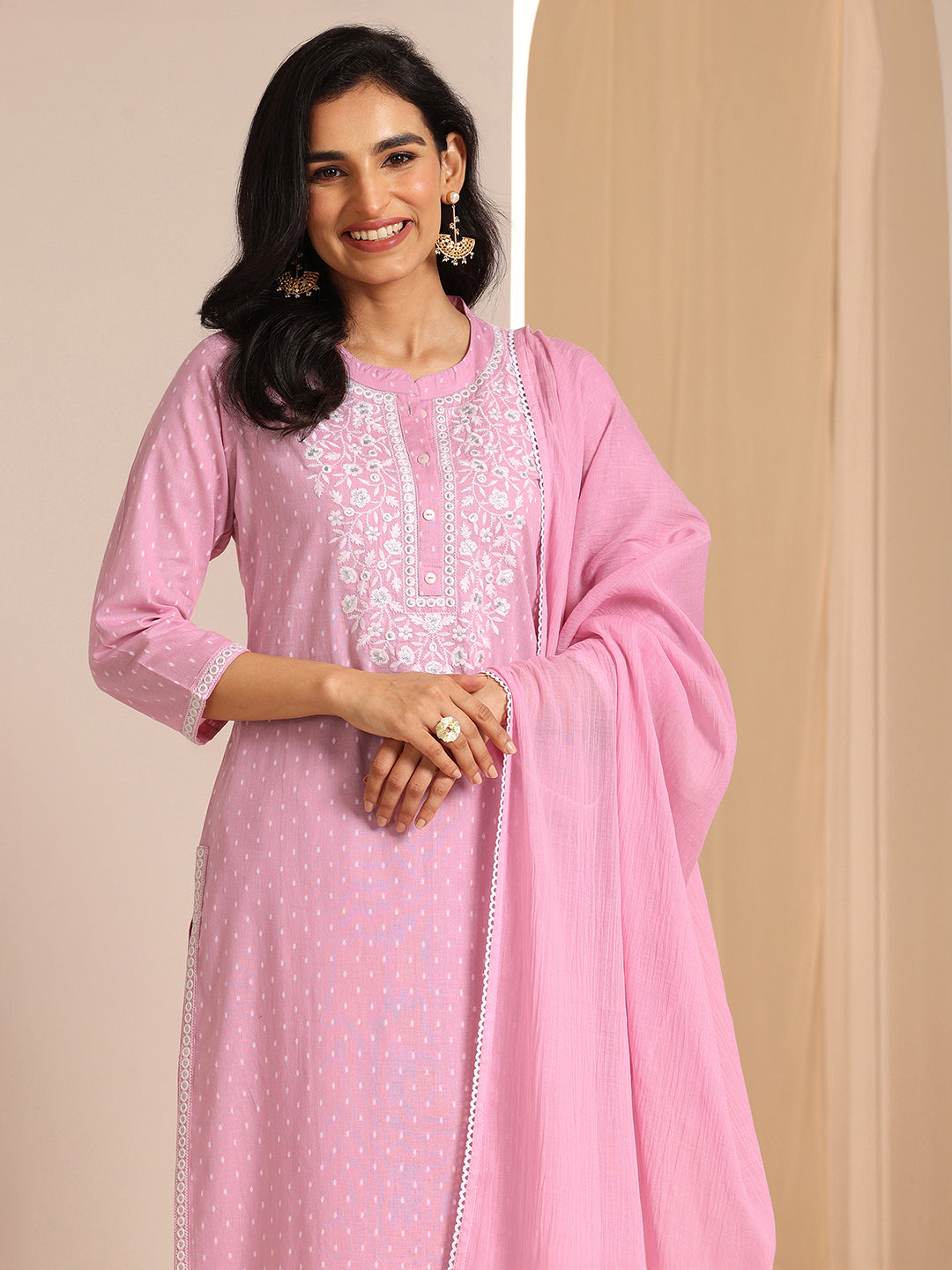 Libas Pink Self Design Cotton Straight Suit Set With Dupatta