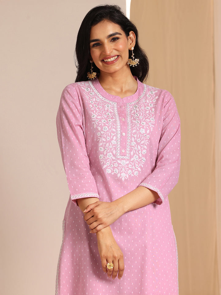 Libas Pink Self Design Cotton Straight Suit Set With Dupatta
