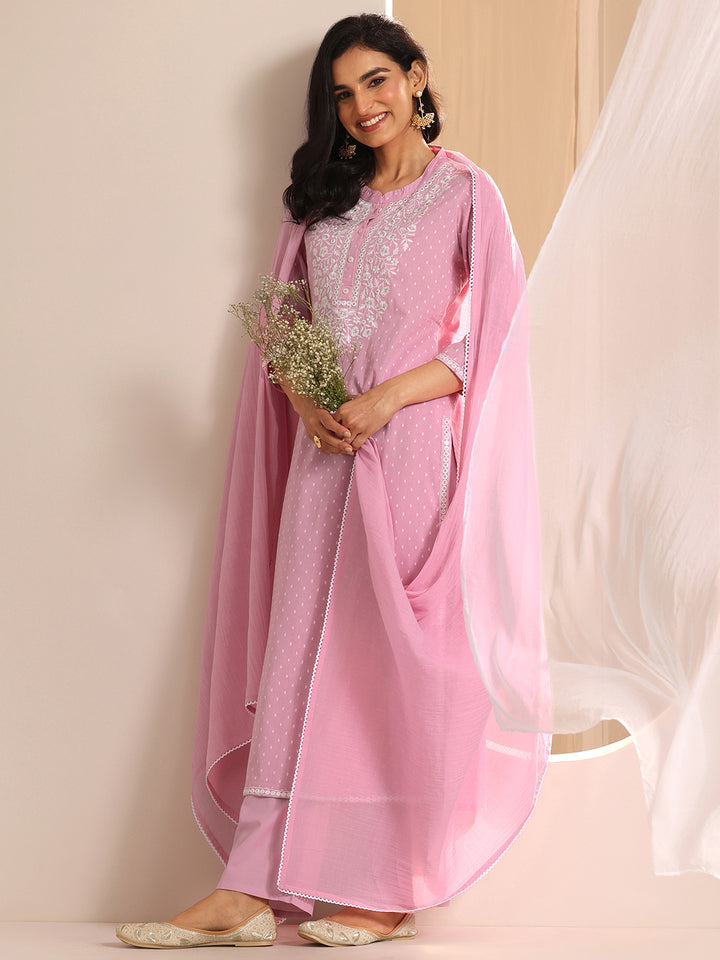 Libas Pink Self Design Cotton Straight Suit Set With Dupatta
