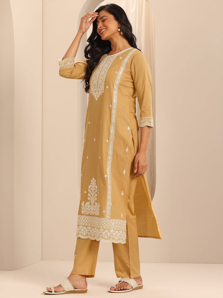 Mustard Embroidered Cotton Straight Suit Set With Dupatta
