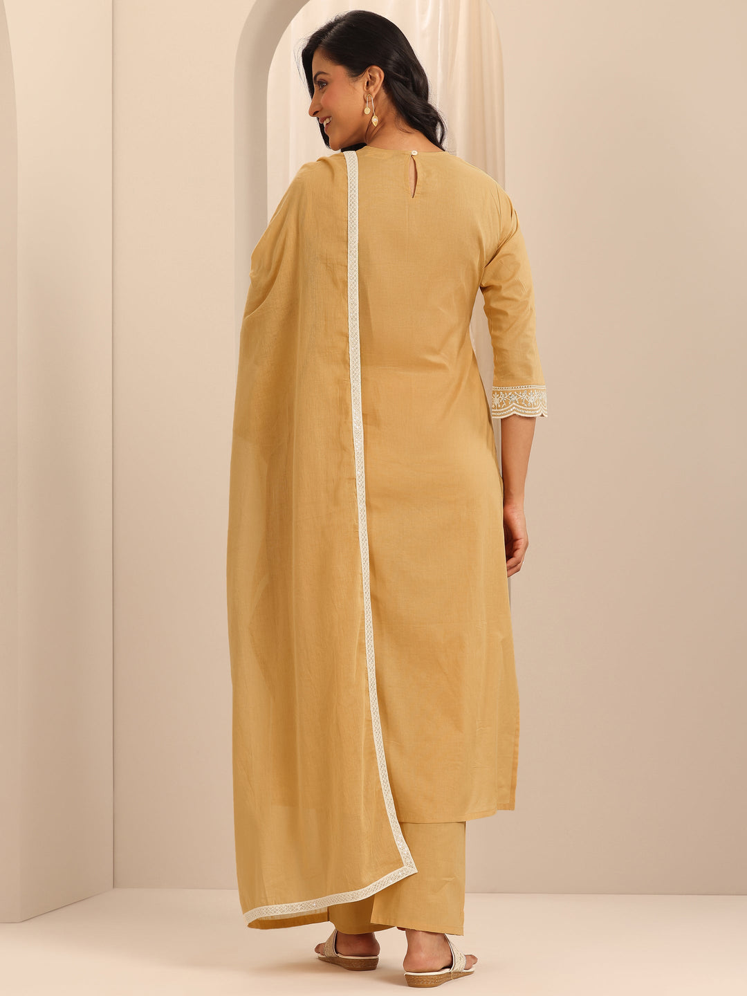 Mustard Embroidered Cotton Straight Suit Set With Dupatta