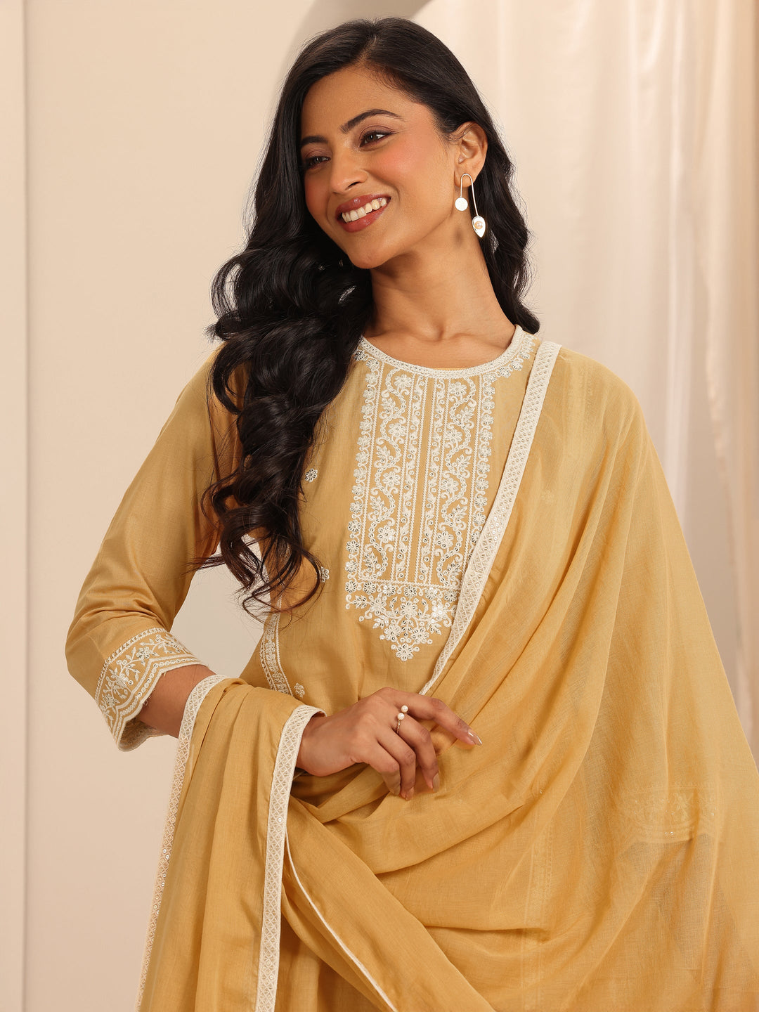 Mustard Embroidered Cotton Straight Suit Set With Dupatta
