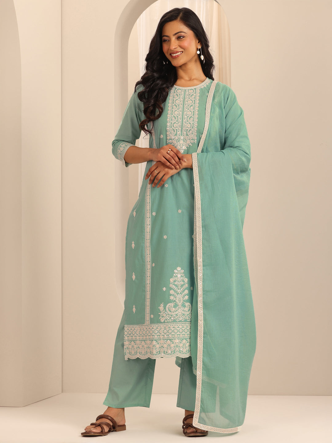 Green Embroidered Cotton Straight Suit Set With Dupatta
