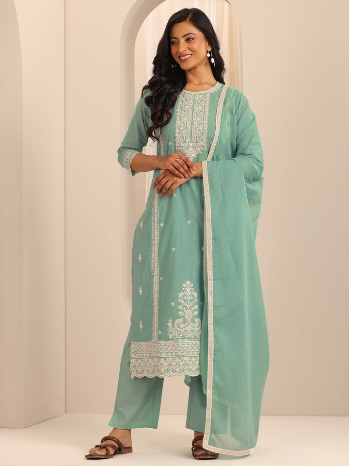 Green Embroidered Cotton Straight Suit Set With Dupatta