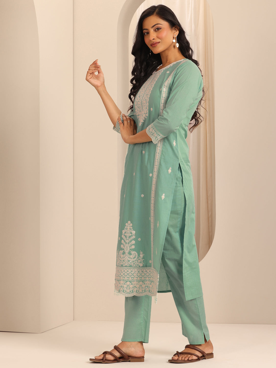 Green Embroidered Cotton Straight Suit Set With Dupatta