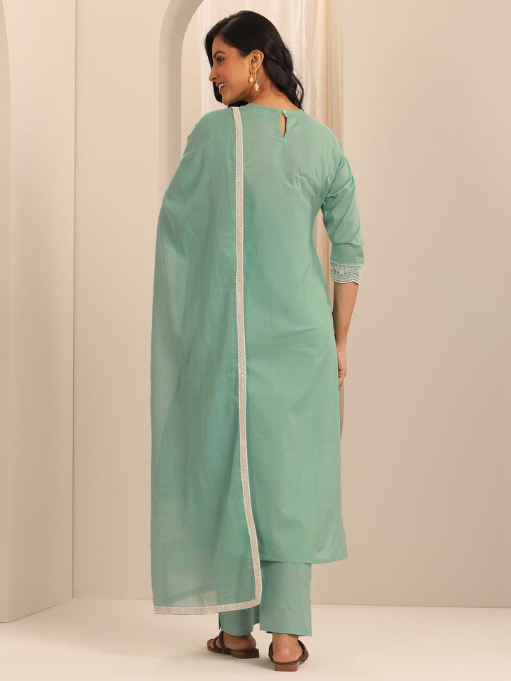 Green Embroidered Cotton Straight Suit Set With Dupatta