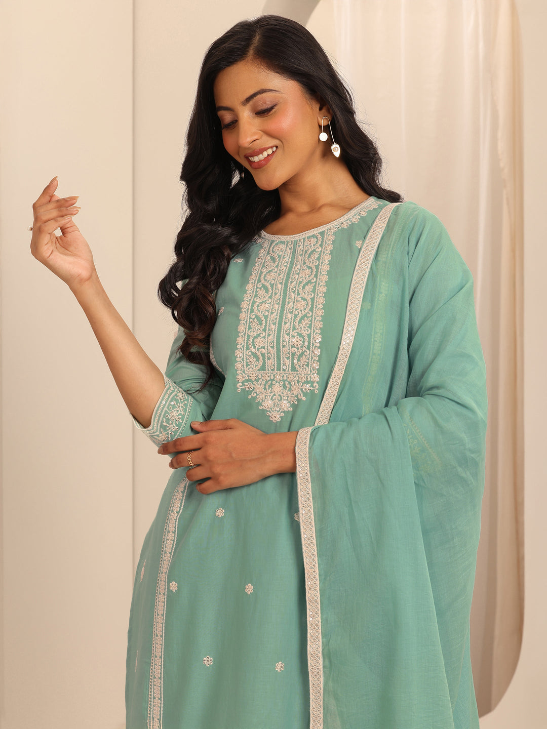 Green Embroidered Cotton Straight Suit Set With Dupatta