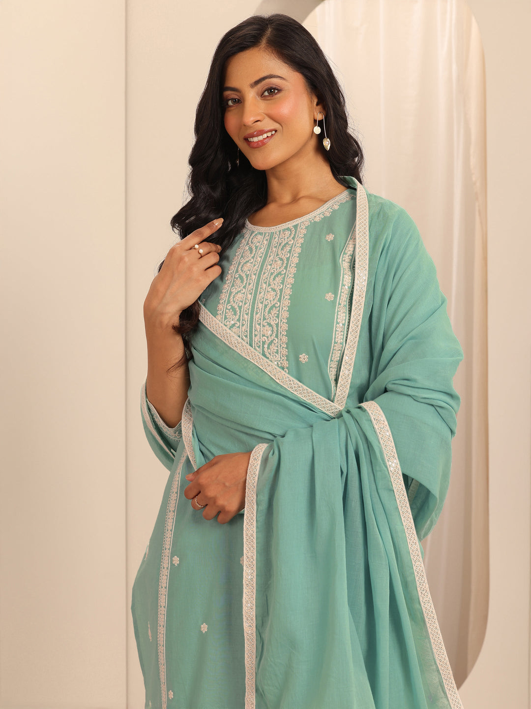 Green Embroidered Cotton Straight Suit Set With Dupatta