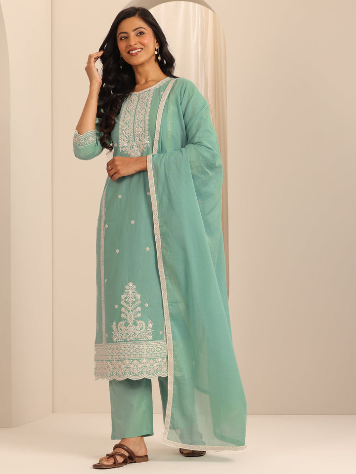 Green Embroidered Cotton Straight Suit Set With Dupatta