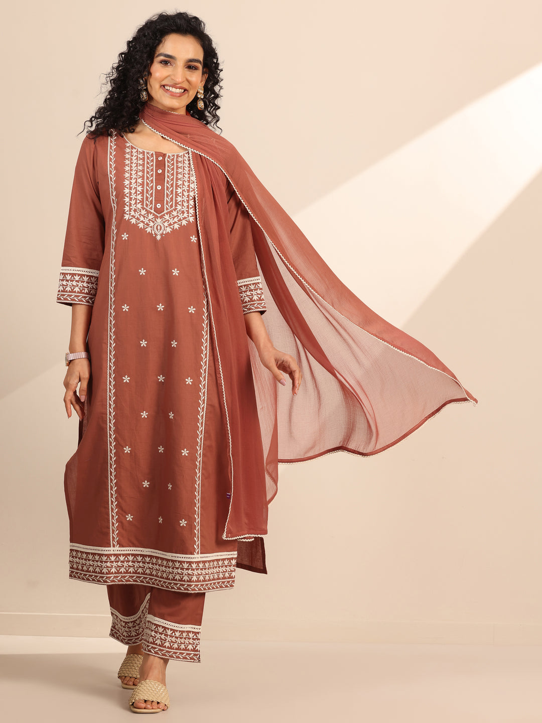 Rust Embroidered Cotton Straight Suit Set With Dupatta
