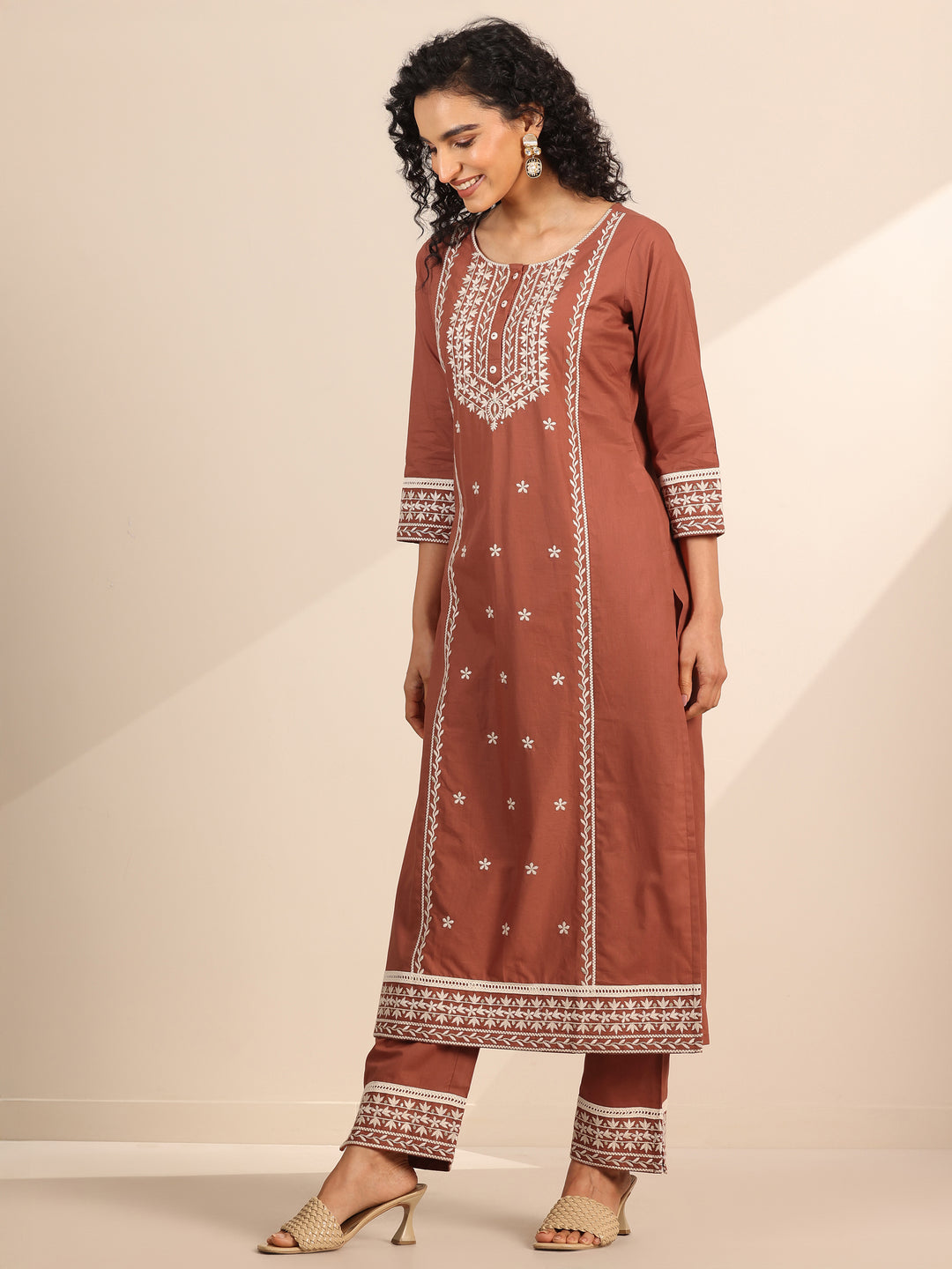 Rust Embroidered Cotton Straight Suit Set With Dupatta