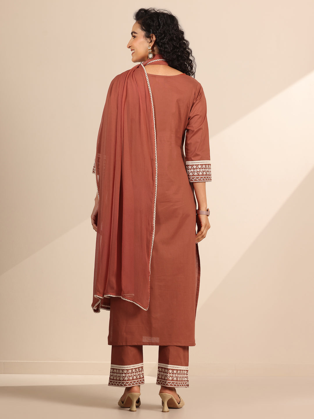 Rust Embroidered Cotton Straight Suit Set With Dupatta