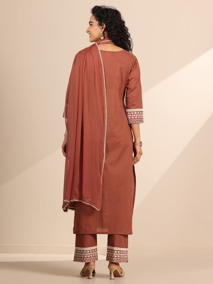 Rust Embroidered Cotton Straight Suit Set With Dupatta
