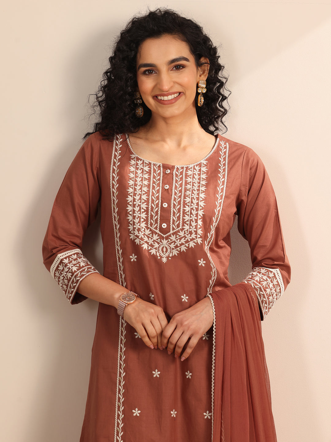 Rust Embroidered Cotton Straight Suit Set With Dupatta