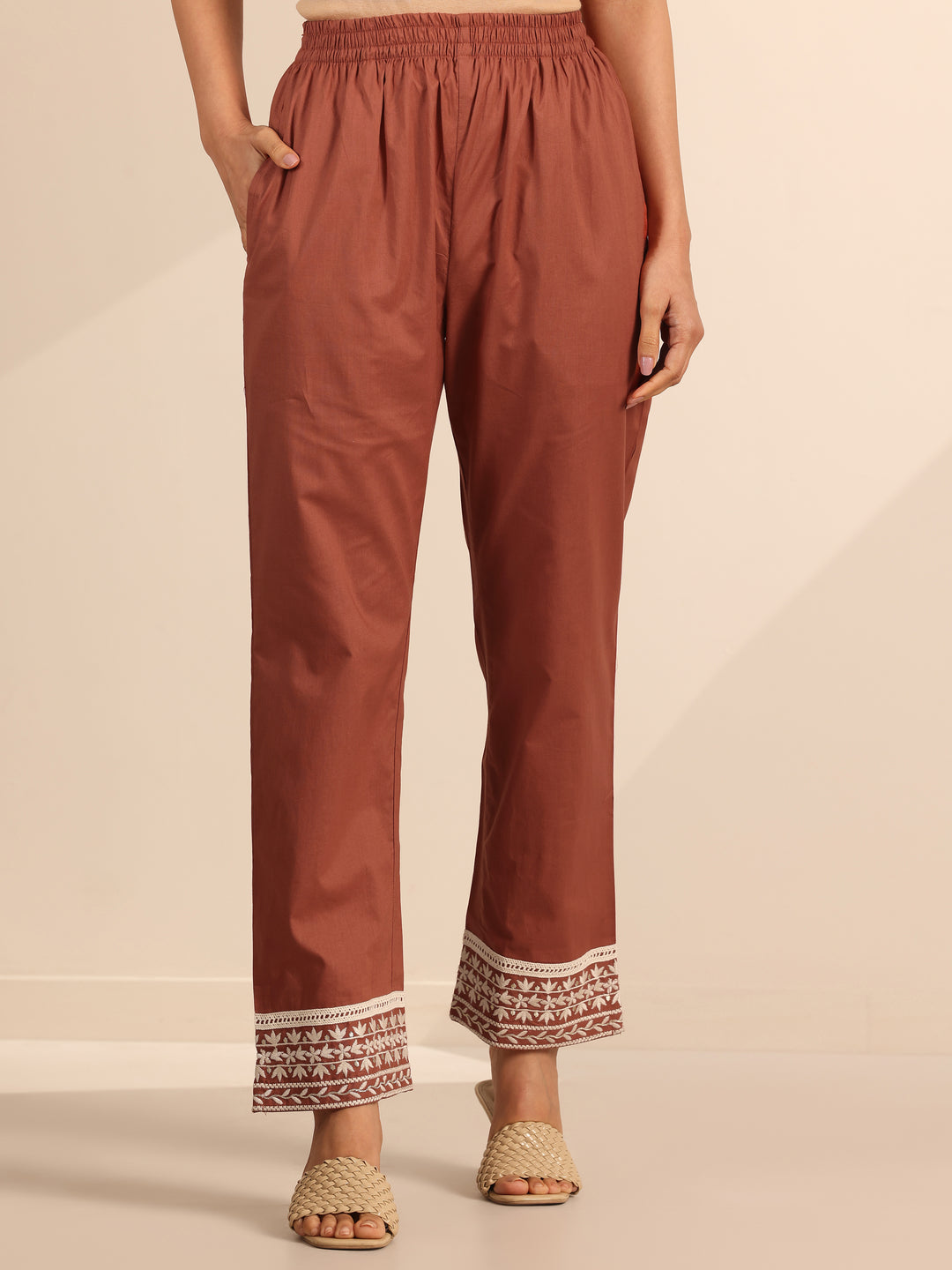 Rust Embroidered Cotton Straight Suit Set With Dupatta