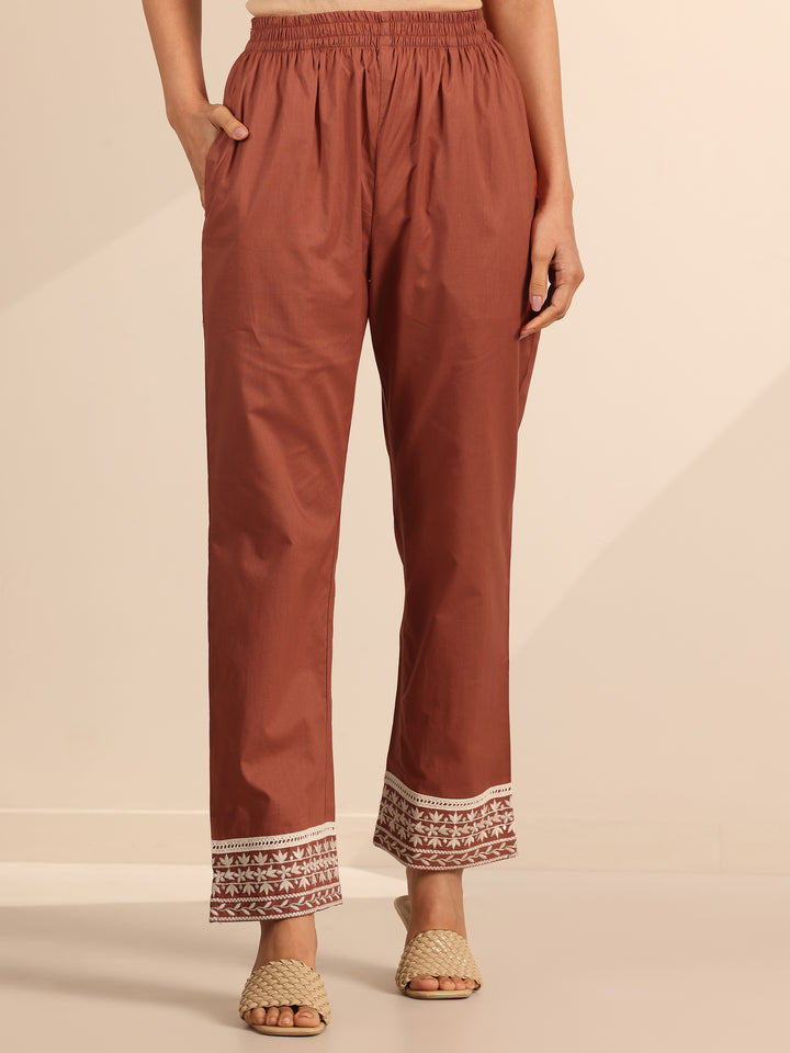 Rust Embroidered Cotton Straight Suit Set With Dupatta