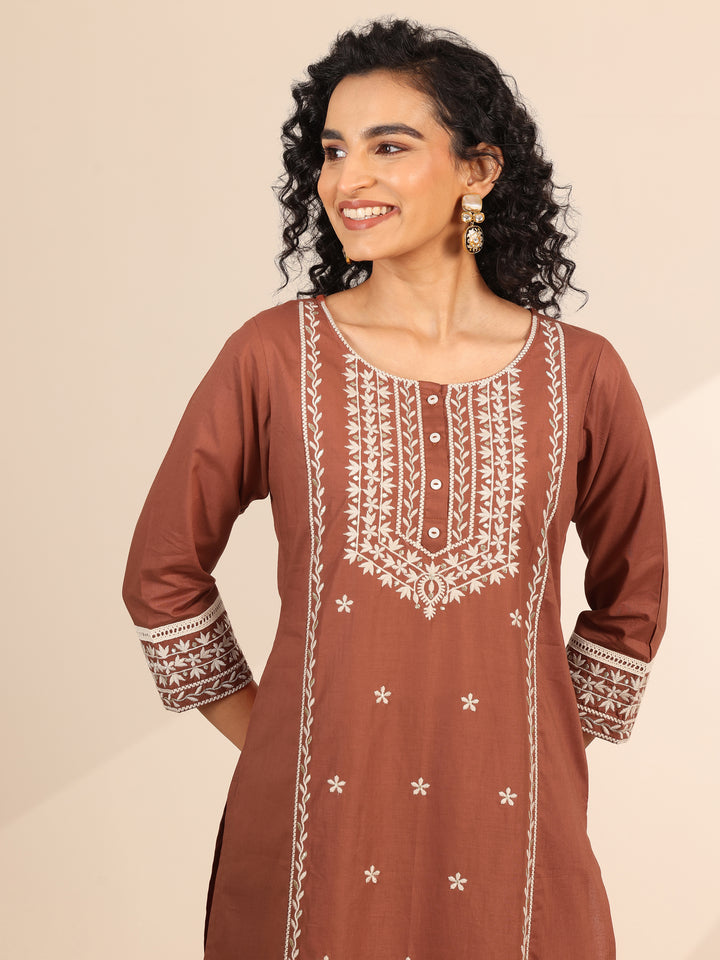 Rust Embroidered Cotton Straight Suit Set With Dupatta