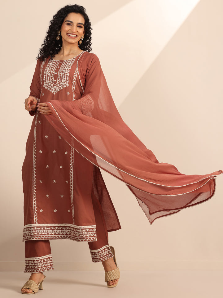 Rust Embroidered Cotton Straight Suit Set With Dupatta
