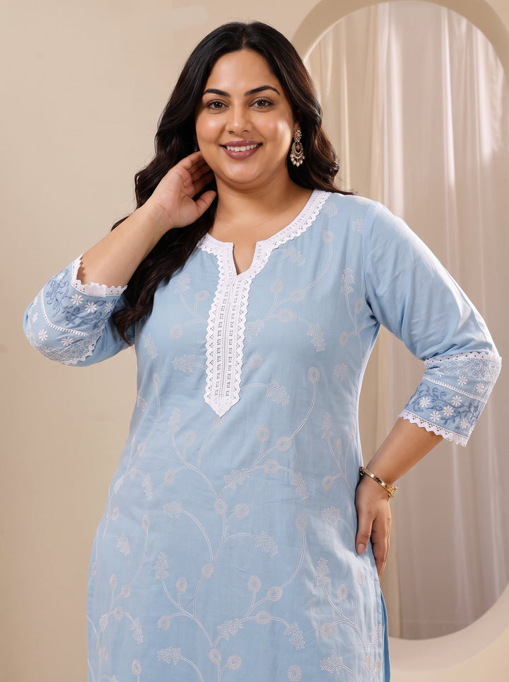 Plus Size Blue Embroidered Cotton Straight Suit Sets With Dupatta