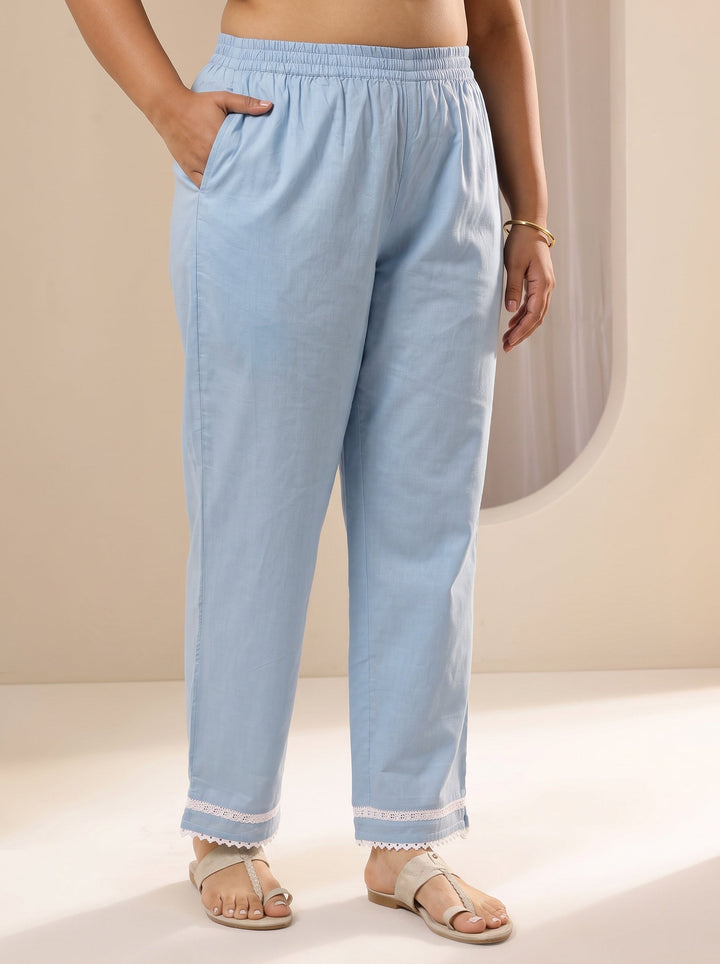 Plus Size Blue Embroidered Cotton Straight Suit Sets With Dupatta