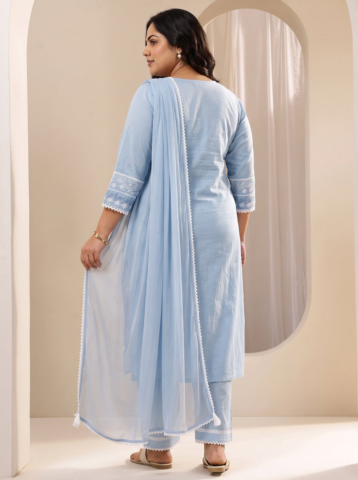 Plus Size Blue Embroidered Cotton Straight Suit Sets With Dupatta