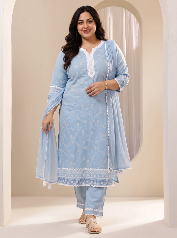 Plus Size Blue Embroidered Cotton Straight Suit Sets With Dupatta
