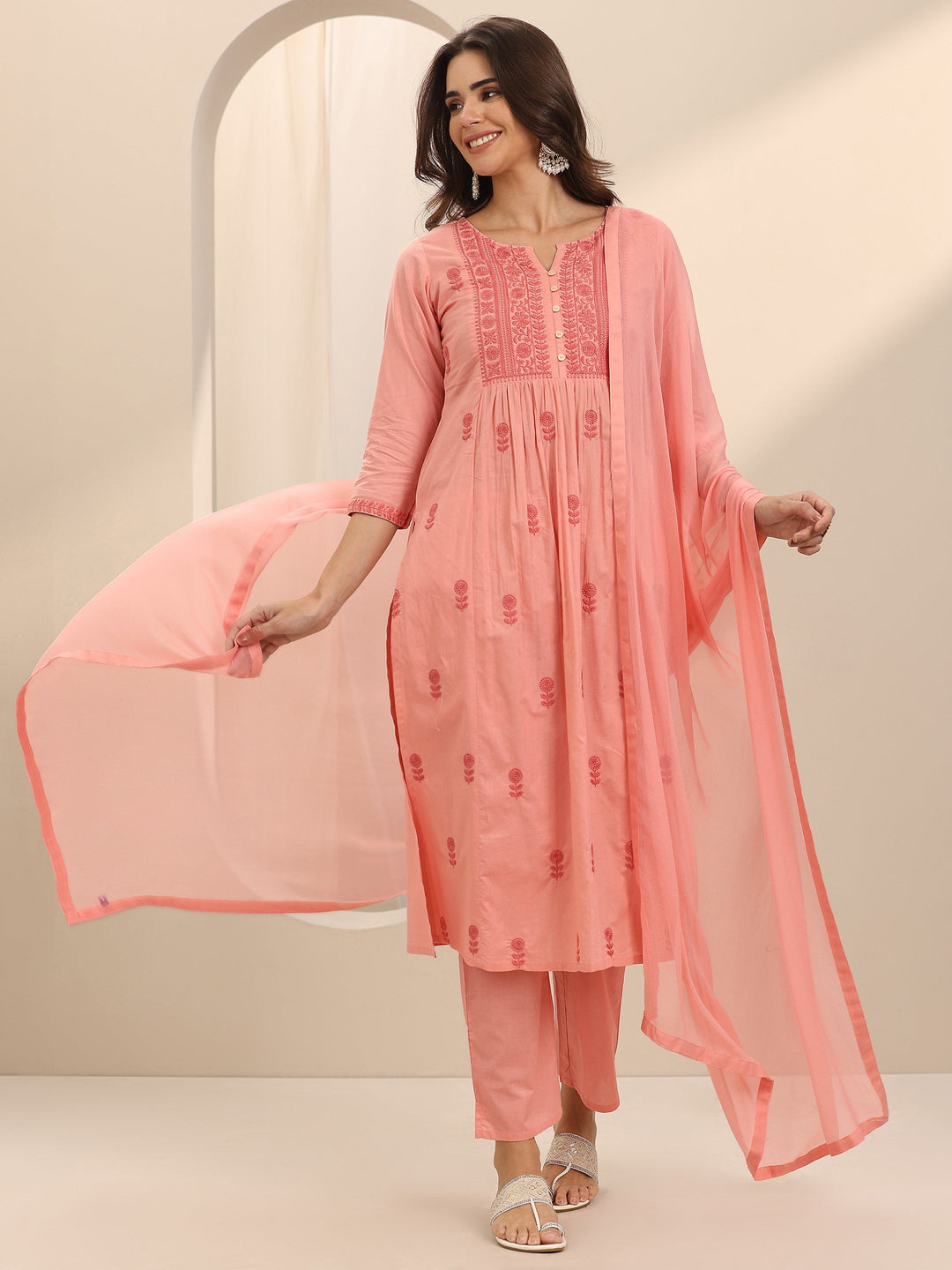Peach Embroidered Cotton A-Line Suit Set With Dupatta
