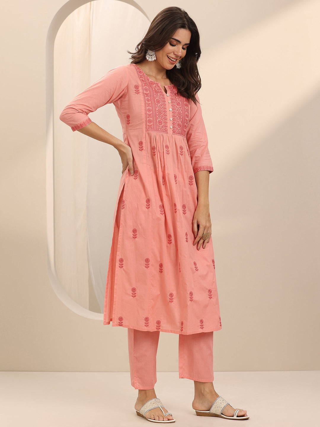 Peach Embroidered Cotton A-Line Suit Set With Dupatta