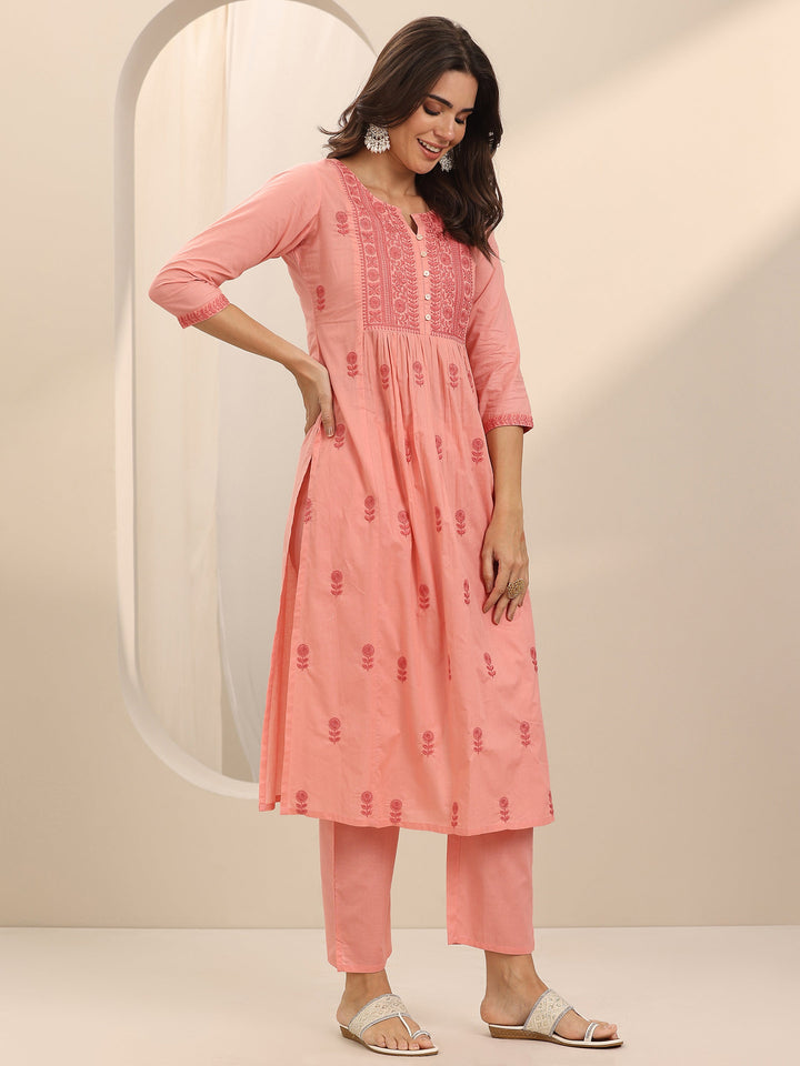Peach Embroidered Cotton A-Line Suit Set With Dupatta