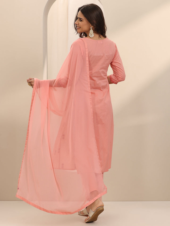 Peach Embroidered Cotton A-Line Suit Set With Dupatta