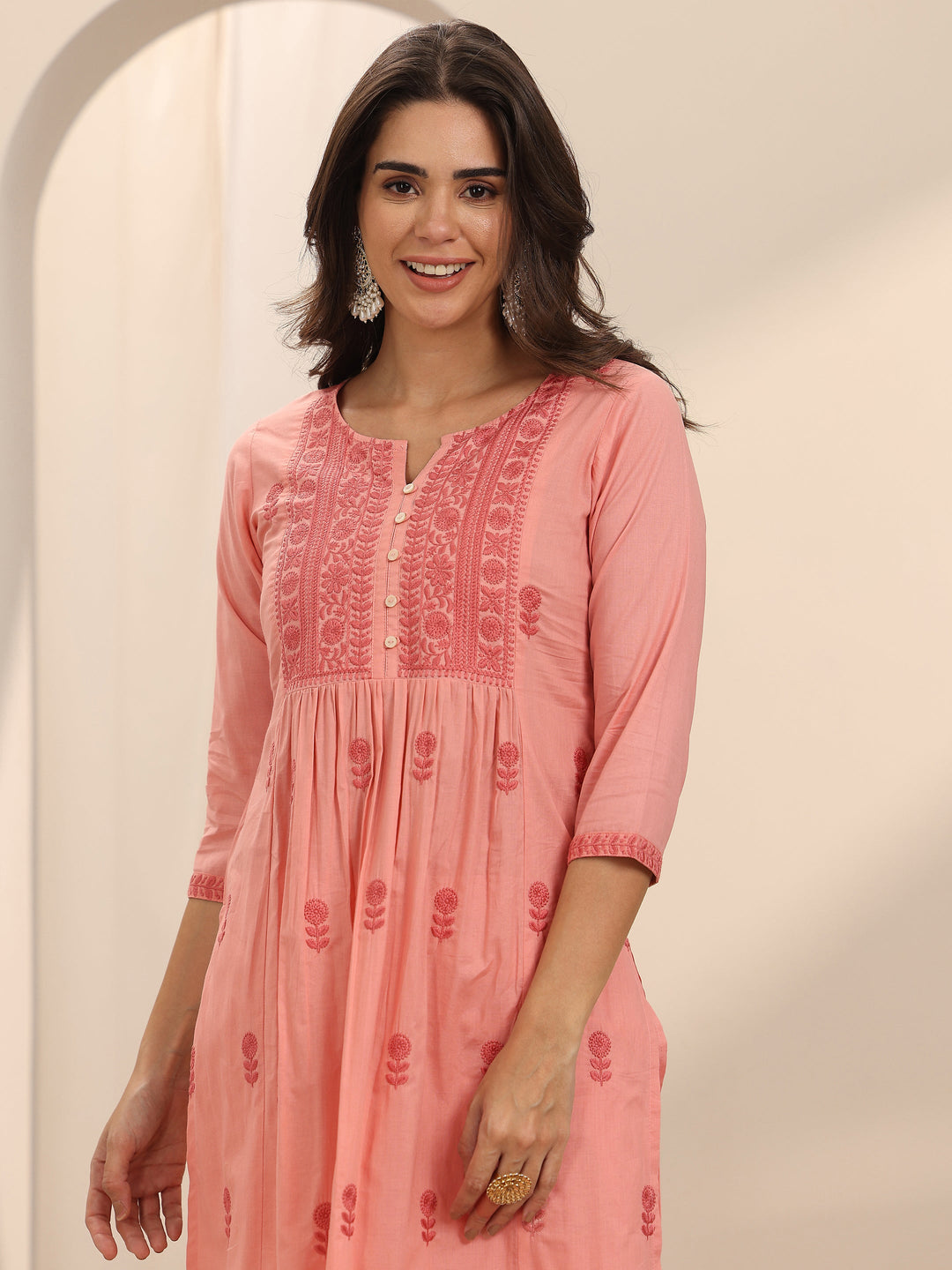 Peach Embroidered Cotton A-Line Suit Set With Dupatta