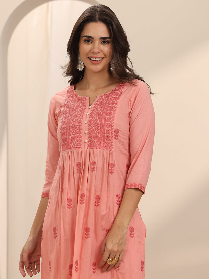 Peach Embroidered Cotton A-Line Suit Set With Dupatta