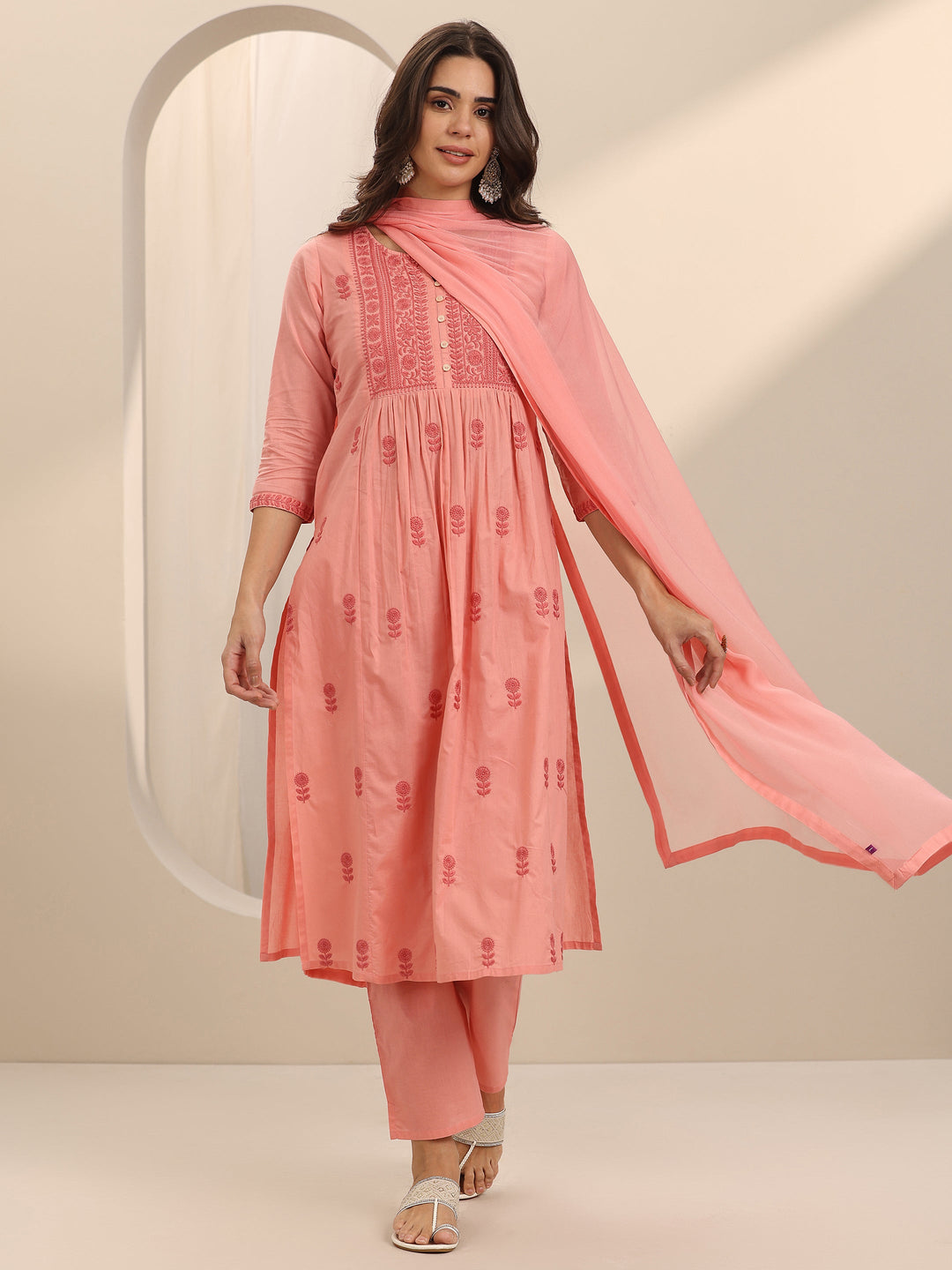 Peach Embroidered Cotton A-Line Suit Set With Dupatta
