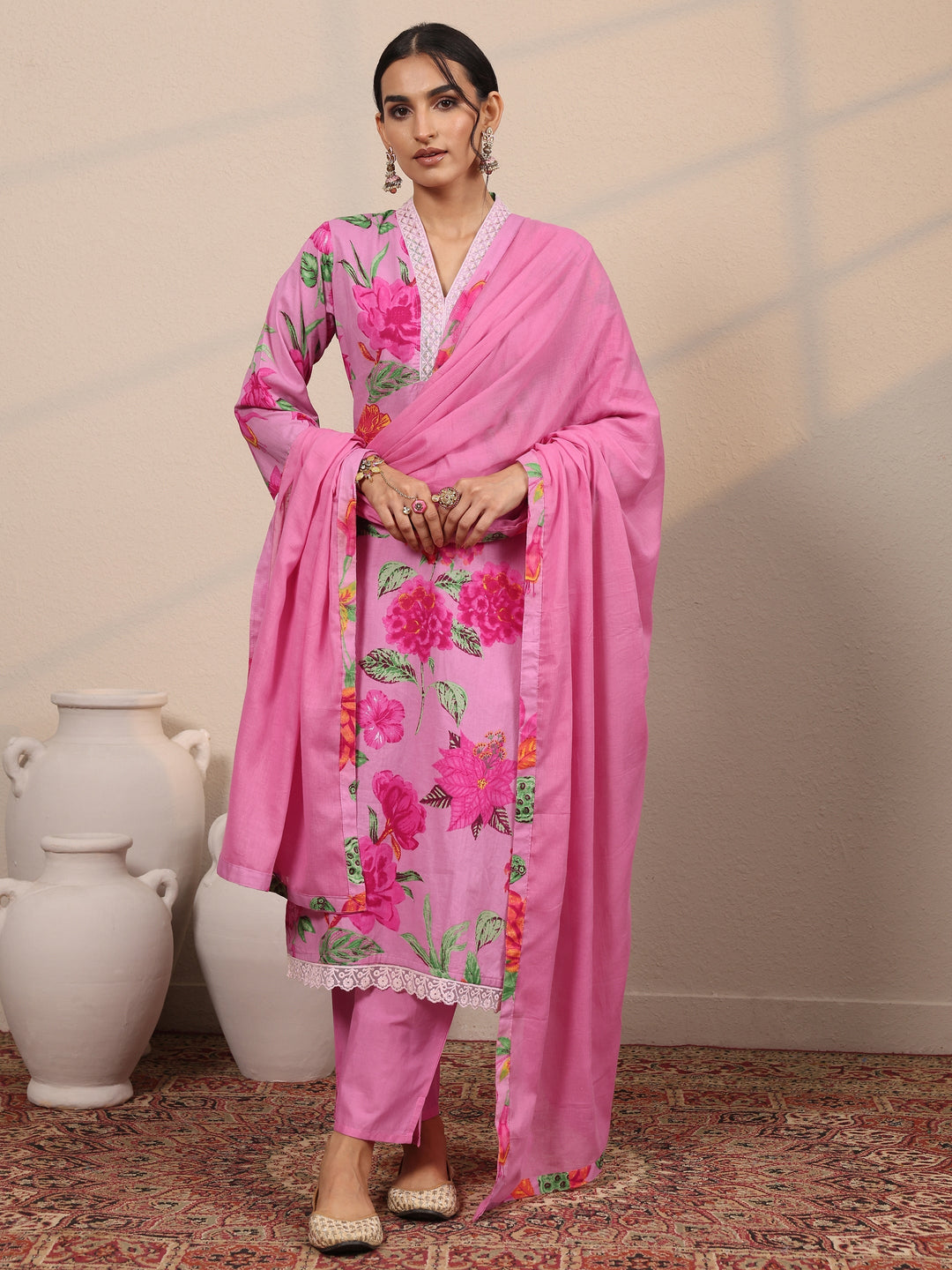 Pink Printed Cotton Blend  Straight Suit Set With Dupatta