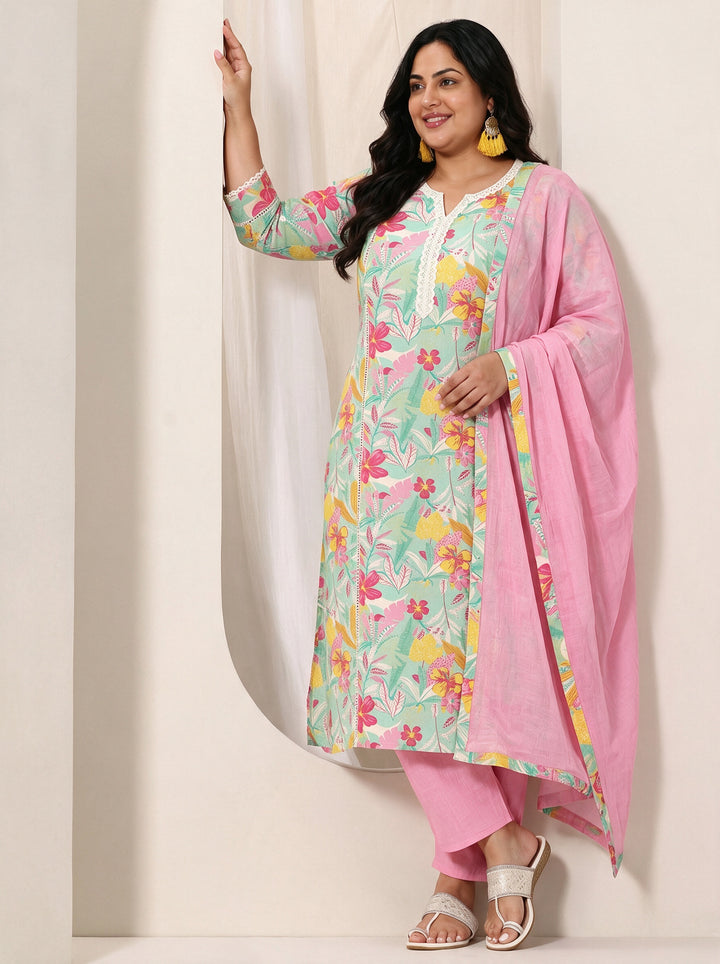 Plus Size Blue Floral Printed Cotton Straight Suit Set