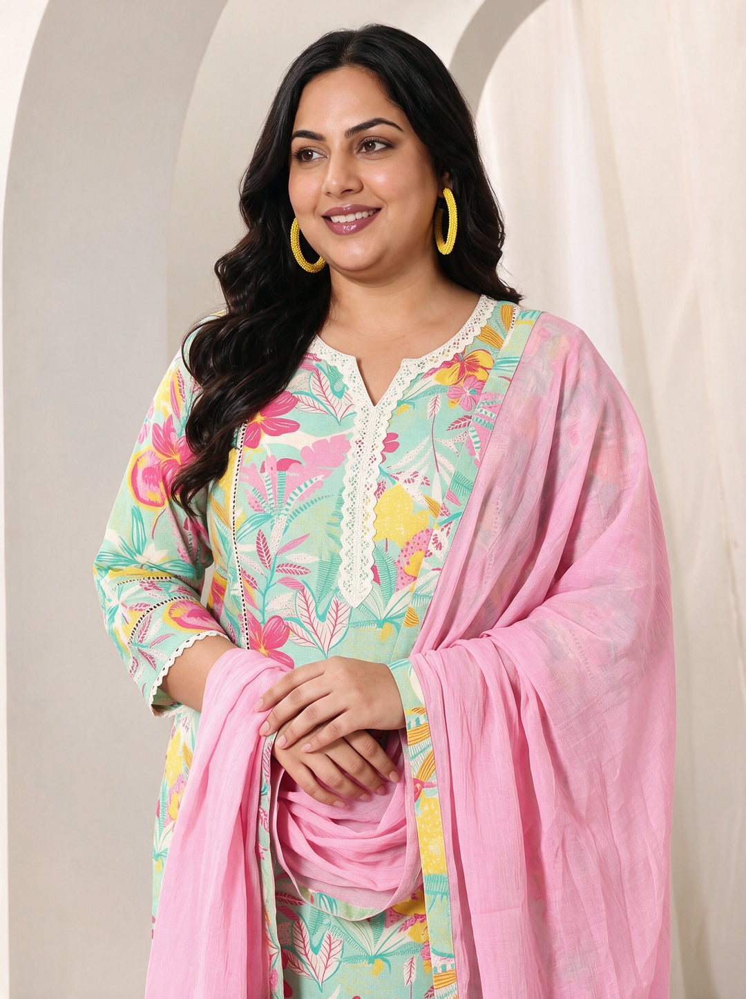 Plus Size Blue Floral Printed Cotton Straight Suit Set