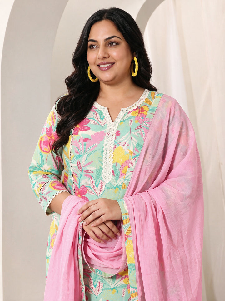 Plus Size Blue Floral Printed Cotton Straight Suit Set