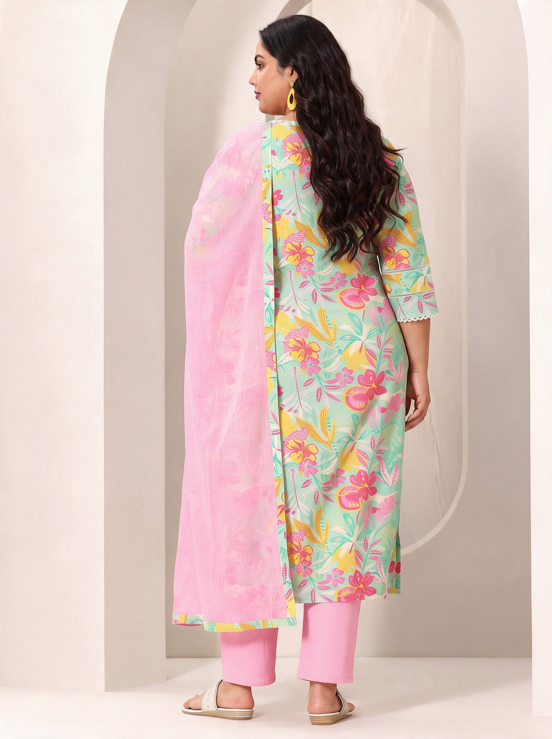 Plus Size Blue Floral Printed Cotton Straight Suit Set