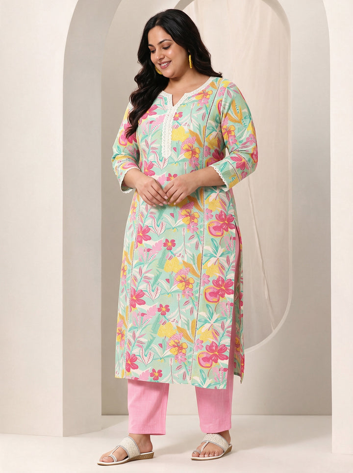 Plus Size Blue Floral Printed Cotton Straight Suit Set